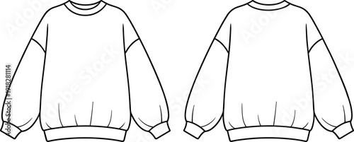 Oversized Crewneck Sweatshirt Front and Back View Flat Fashion CAD Template Minimal Casual Apparel Outline Illustration