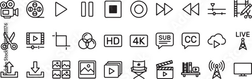 Video Media Line Icon Set with Play Button, Pause, Record, Film, Editing Tools, Streaming, HD 4K, Subtitle and Broadcast Symbols, Minimal Outline Editable Vector for UI, Web and Content Creation