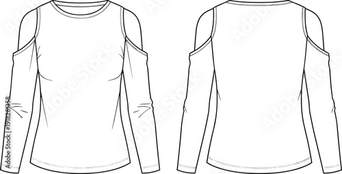 Women Cold Shoulder Long Sleeve Top Front and Back View Flat Fashion CAD Outline Template Design