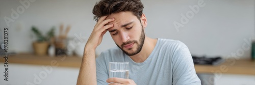 Young caucasian male feeling unwell holding glass of water at home