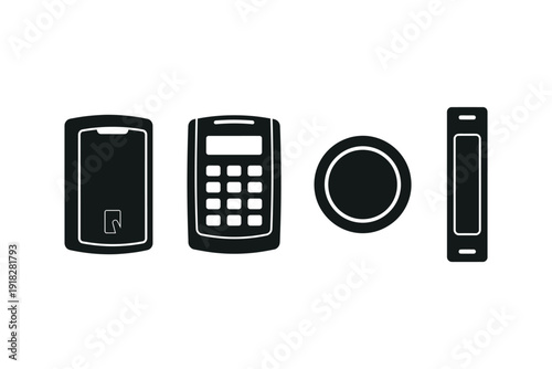 Black Mobile Phone, Calculator, CD and and Power Bank Icons on White Background