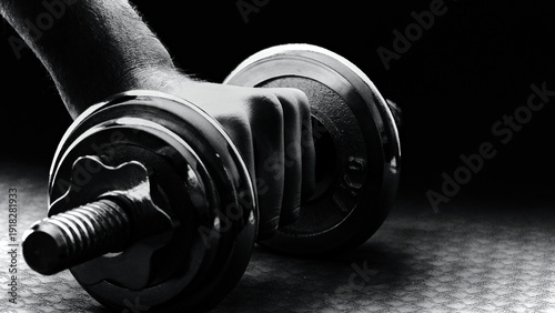 Hand Holding Dumbbell in Black and White  Strength and Fitness Concept Banner