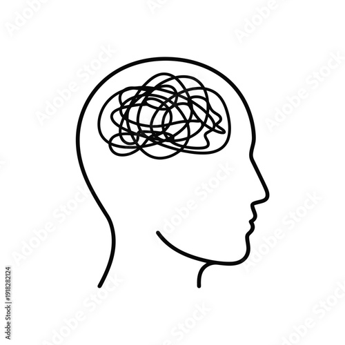 Confused person with tangled thoughts in head
