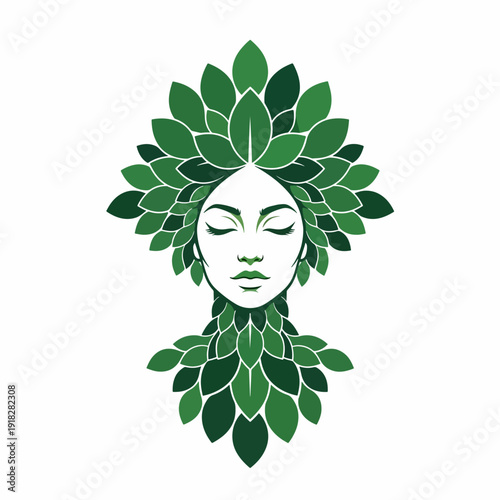 Serene woman's face artistic illustration with lush green leaves, nature goddess concept