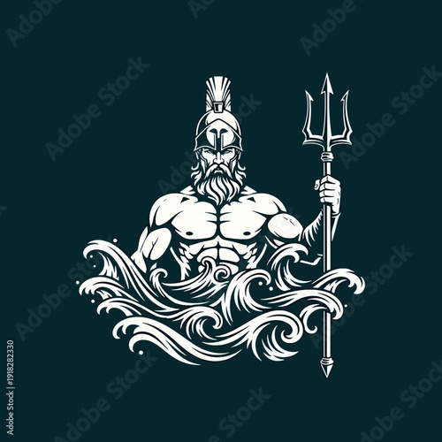 Ancient powerful sea deity illustration with trident emerging from ocean waves