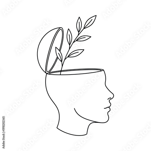 Stunning line art of a woman's head with a plant growing out of it