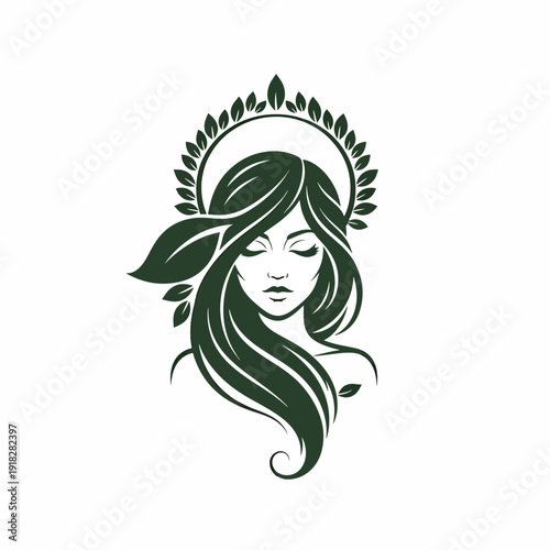 Elegant vector illustration of a serene woman with leafy hair and a botanical halo, symbolizing natural beauty and wellness