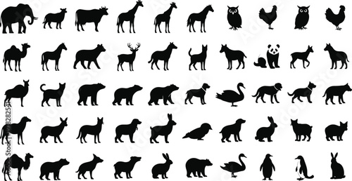 Mega collection of diverse wild and domestic animal silhouettes including elephant giraffe deer bear dog cat bird and many more.