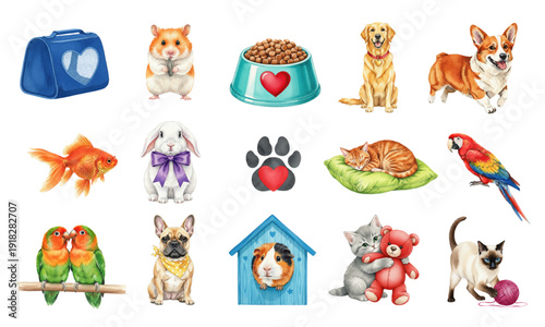 International Pet Day watercolor animals and accessories set