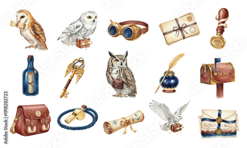 Foto Watercolor Magic Owl and Postal Mail Set