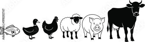 Vector set of domestic farm animal silhouettes in a row including fish duck chicken sheep pig and dairy cow.
