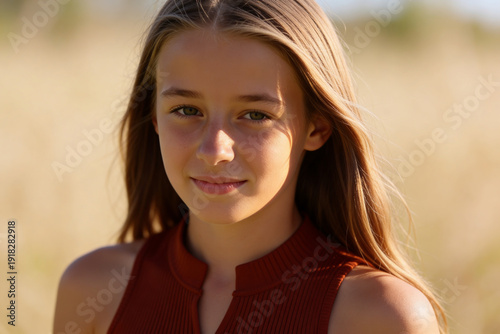 Fotografie Close-up portrait of a young girl with long blonde hair and green eyes smiling g