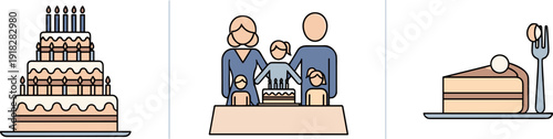 Birthday celebration icons: tiered cake, family gathering, and cake slice with fork