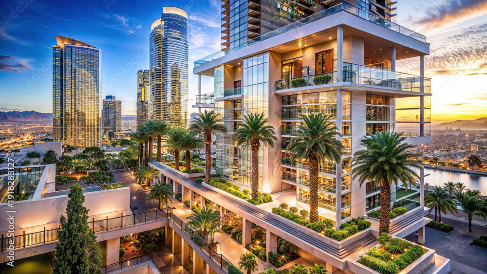 Fototapeta premium Elegant urban highrise apartments and towers glow at dusk, showcasing tropical landscaping, city views and luxury living