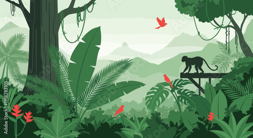 Beautiful monochromatic green tropical jungle landscape illustration featuring lush palm leaves flying red birds and a monkey silhouette on a wooden platform.