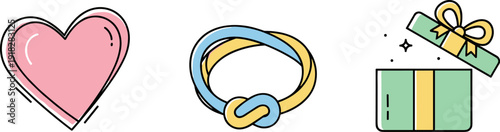 Simple icons of a pink heart, a knotted bracelet, and an open gift box on a white background
