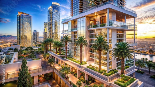 Elegant urban highrise apartments and towers glow at dusk, showcasing tropical landscaping, city views and luxury living