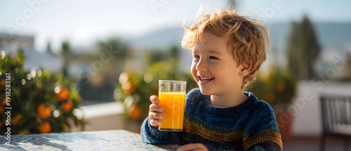 Young boy smiling while holding a glass of orange juice outdoors