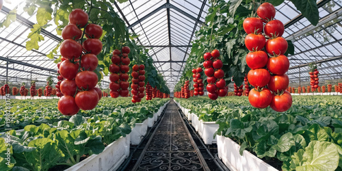 Vibrant greenhouse rows with hanging tomatoes and lush greens, illustrating sustainable farming, controlled environment agriculture and harvest.