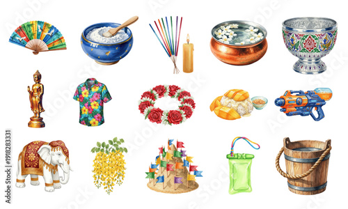Watercolor Songkran Festival and Thai Culture Set