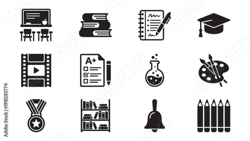 School Education and Academic Learning Icon Set for Classroom, Student Achievement and Subject Study Applications