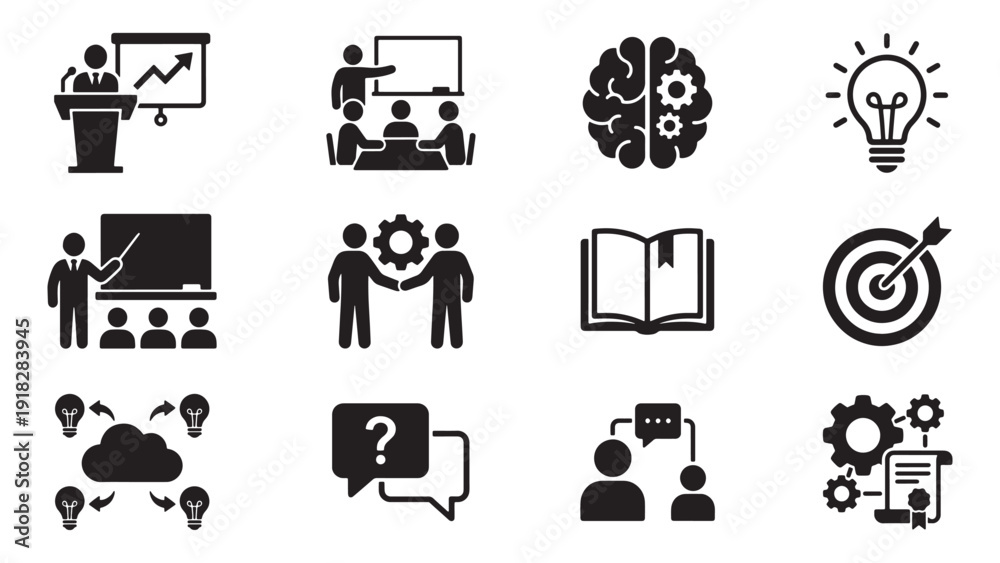 Fototapeta premium Corporate Training and Knowledge Sharing Icon Set for Business Education, Team Learning and Professional Development