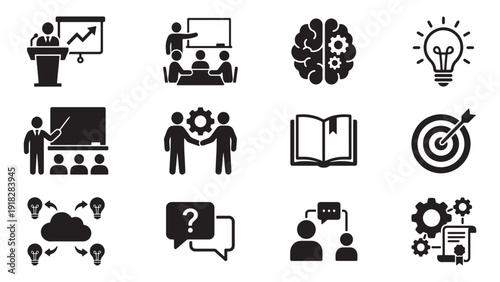 Corporate Training and Knowledge Sharing Icon Set for Business Education, Team Learning and Professional Development