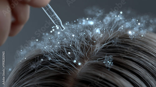 Close up of scalp with glowing hair follicles and serum dropper futuristic hair growth and trichology treatment concept