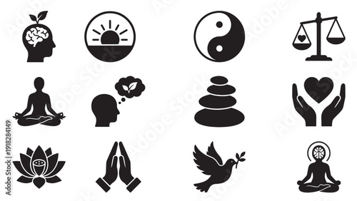 Title: Mindfulness and Spiritual Balance Icon Set for Meditation Practice, Zen Lifestyle and Holistic Wellness Applications