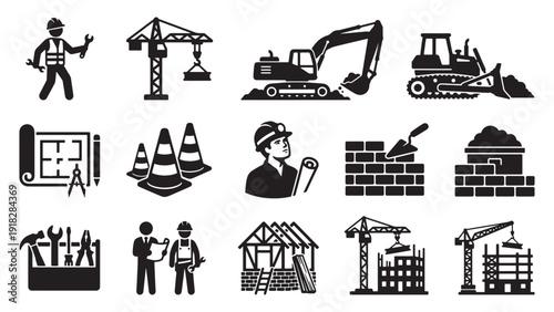Construction Industry Icon Set for Building Projects, Engineering Workflow and Site Management Applications