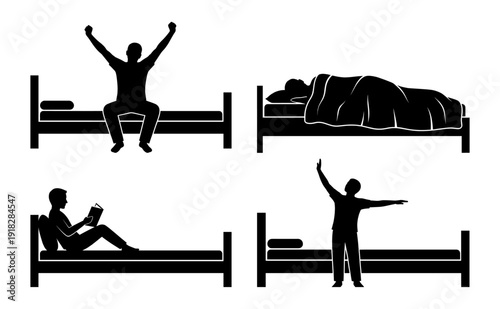 Man in bed silhouette set with waking up and sleeping