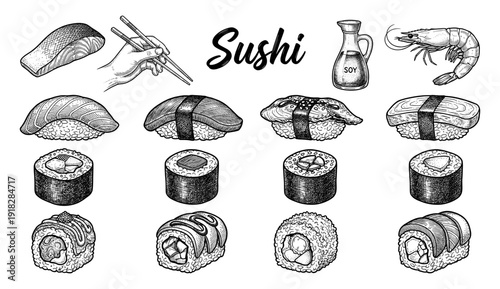 Sushi and sashimi set with soy sauce and shrimp