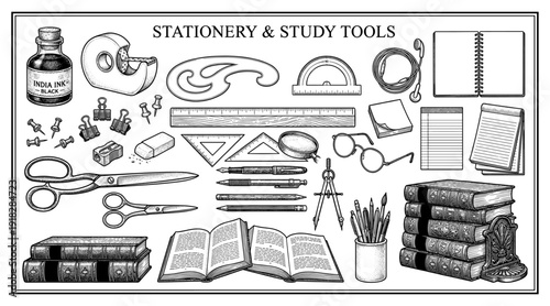 Stationery and study tool set with book pen and ruler