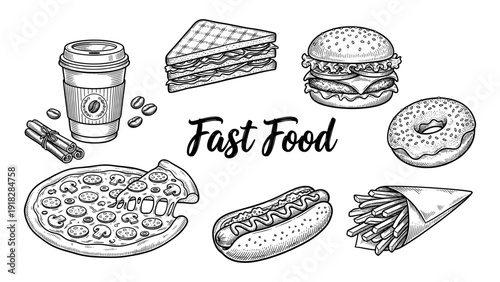 Fast food banner with pizza burger and hot dog