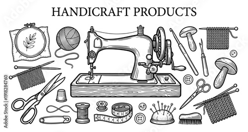 Handicraft products set with sewing machine and yarn