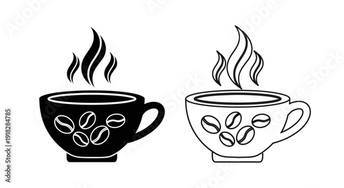 Two coffee cups with steam and coffee beans, black and white line art illustration Vector