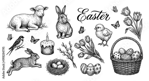 Happy Easter set with rabbit lamb and basket