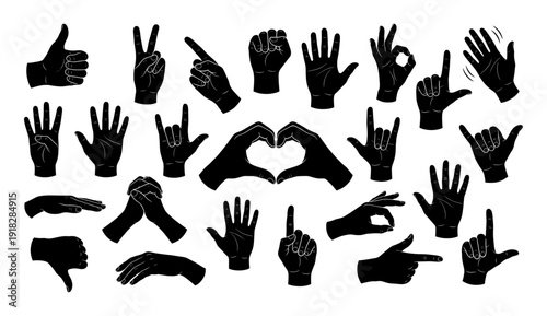Human hand gesture silhouette set with heart and ok sign