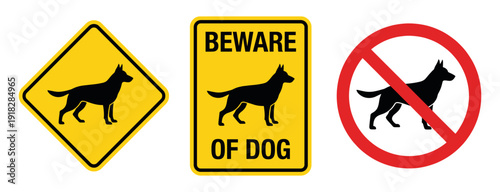 Beware of dog sign set with prohibited icon