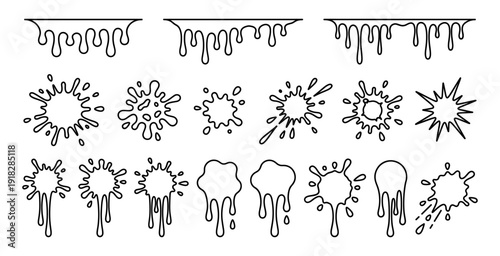 Black ink splash outline and dripping blot set