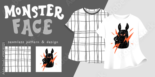 Seamless pattern and t-shirt design with playful black and white Monster Face, bold orange lightning and hand drawn texture plaid pattern. Hand-drawn cartoon illustration for apparel and fabric prints