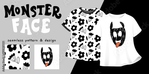 Playful black and white monster face design with seamless floral pattern on mockup t-shirts, ideal for kids clothing, textile prints, surface pattern, branding and fun graphic projects