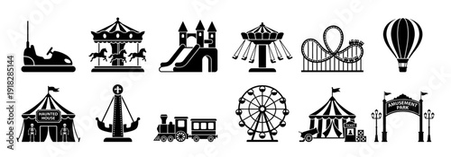 Amusement park icon set with ferris wheel and carousel