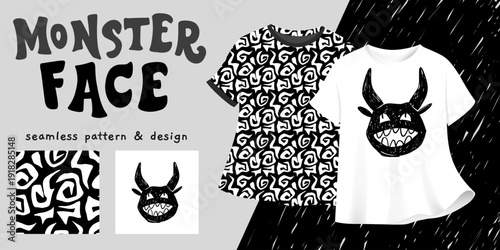 Black and white monster face graphic with seamless pattern at playful hand drawn style ideal for t-shirt prints, apparel, surface design, textiles, children decor, branding and illustration