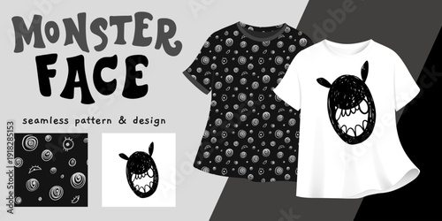 Playful hand-drawn monster face print and seamless swirl pattern in black and white ideal for t-shirt design, fabric, kids apparel, stationery, packaging and fun graphic projects, branding, posters