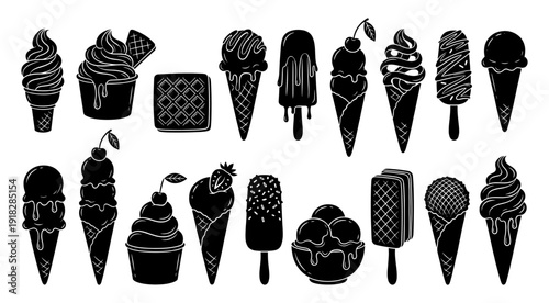  Ice cream silhouette set with cone and popsicle