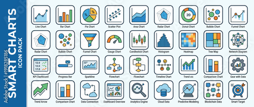 Set of 30 Smart Charts and Indicators Icons in Flat Design Infographic Style for Business Data Visualization Analytics Reporting Dashboards KPI Performance Monitoring and Financial Analysis