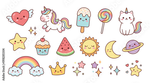 Kawaii sticker set with unicorn and rainbow