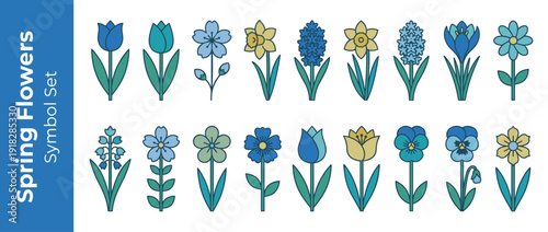 Vector Icon Set of 36 Spring Flowers and Blossoms in Flat Design Style. Features Tulips, Daffodils, Hyacinths, Pansies, and Crocuses in Corporate Blue and Teal Accents for Graphic Design Projects.