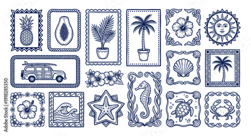Tropical sea stamp set with seashell and palm tree